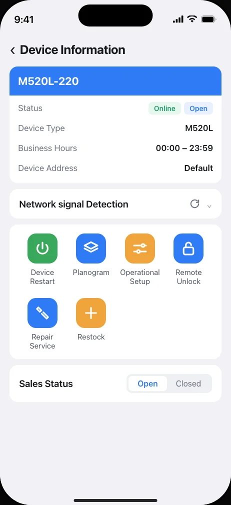 Device information for one machine: status, type, business hours and remote actions