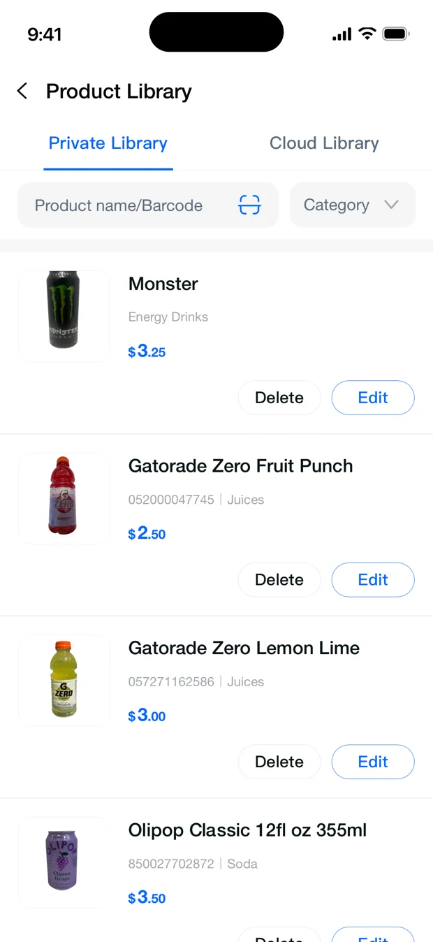 The product library: each product with its barcode, category and price