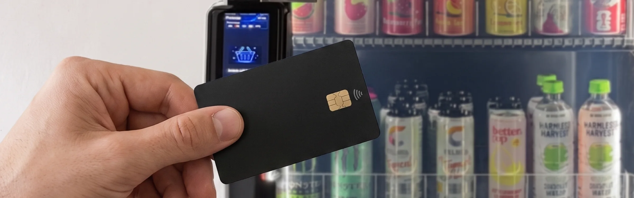 A hand holding a contactless card up to the reader on the door of a stocked cooler