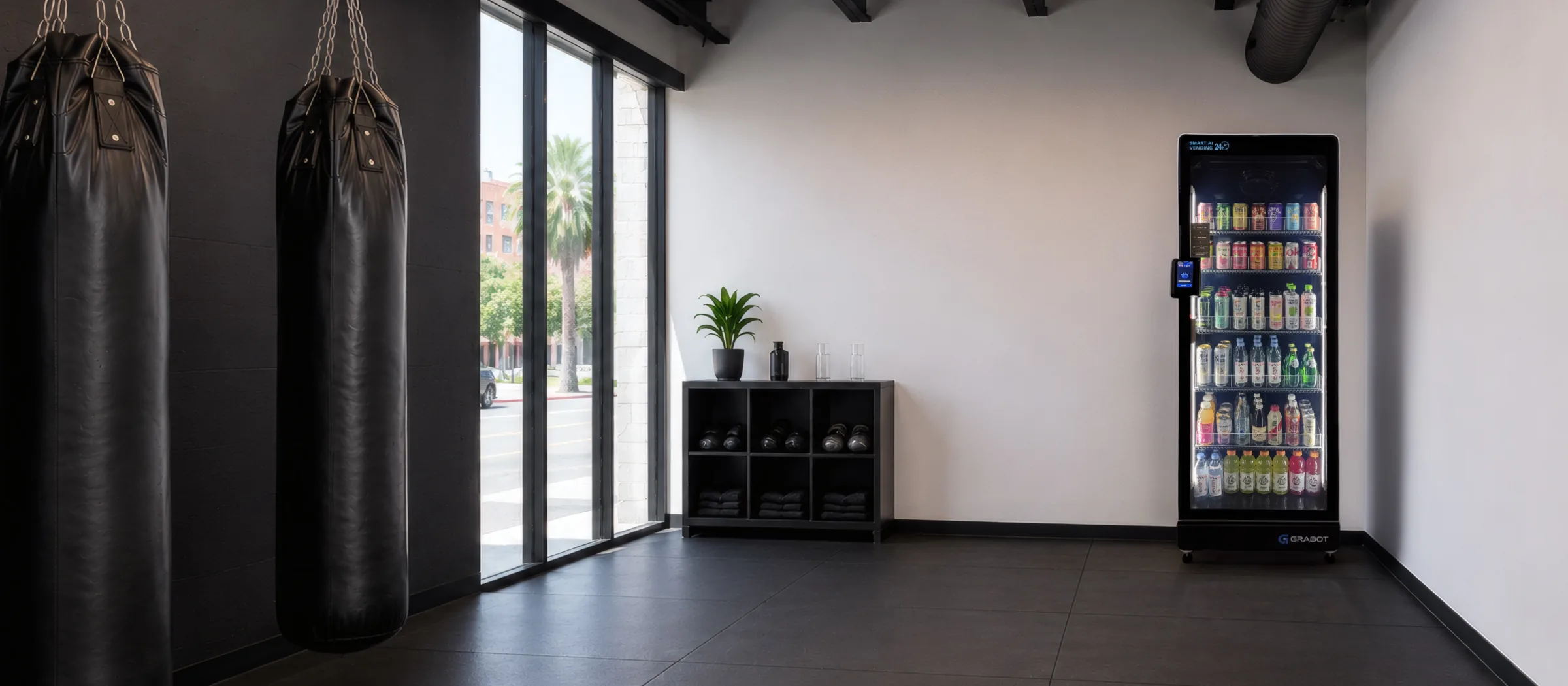 The same cooler against the white wall of a boutique gym, heavy bags hanging and a rack of dumbbells across the dark floor.