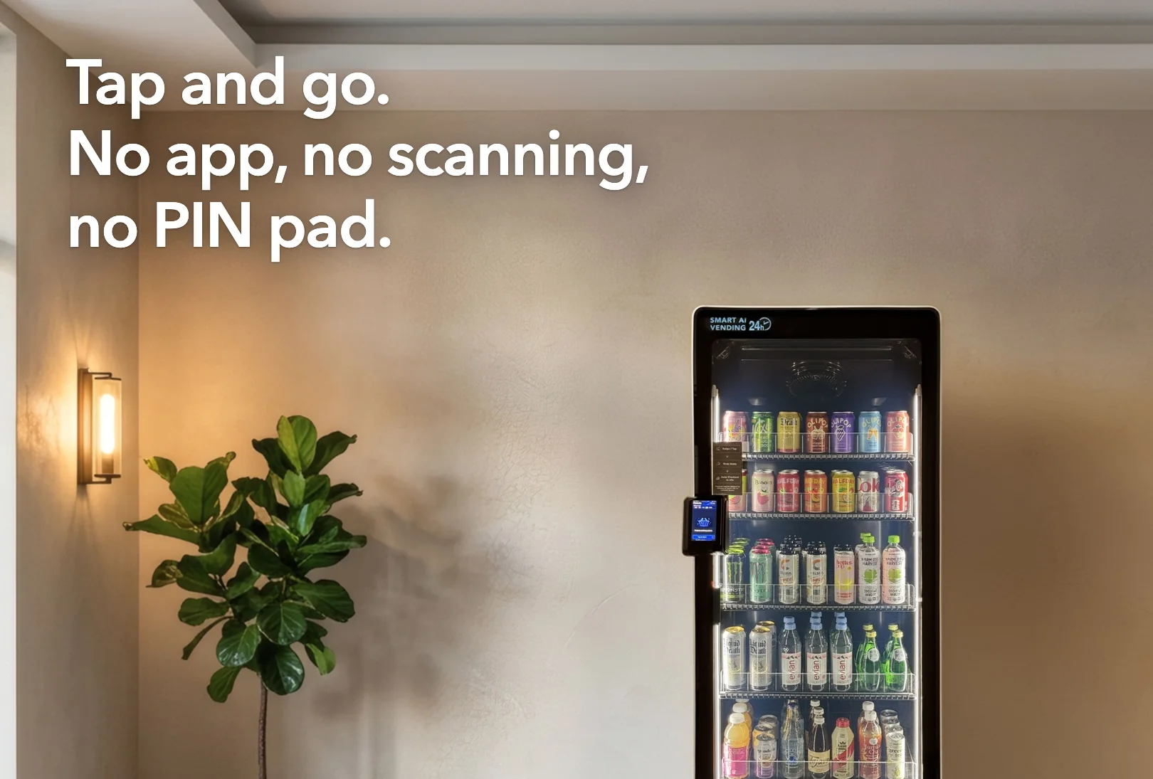 Set over a lobby wall: tap and go, no app, no scanning, no PIN pad.